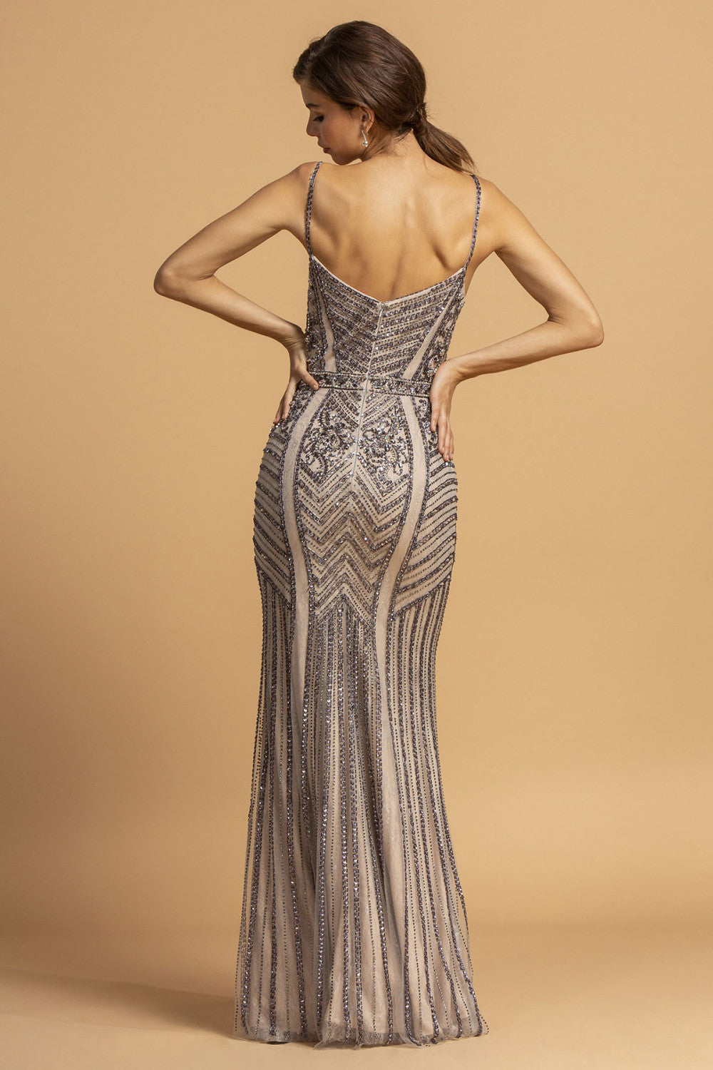 Aspeed Design -L2218 Beaded V-Neck Sheath Evening Dress