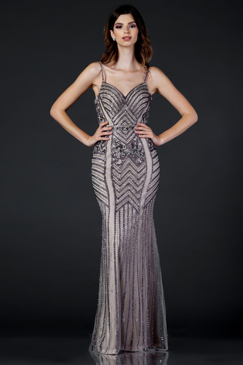 Aspeed Design -L2218 Beaded V-Neck Sheath Evening Dress