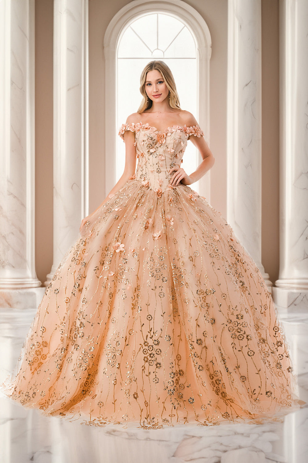 Aspeed Design -L2766A Floral Applique Off Shoulder Ball Gown