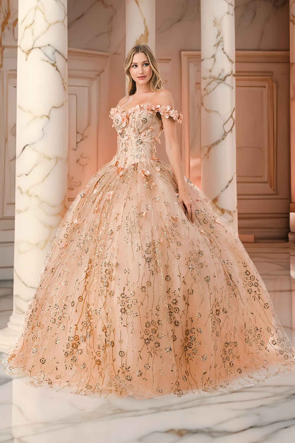 Aspeed Design -L2766A Floral Applique Off Shoulder Ball Gown