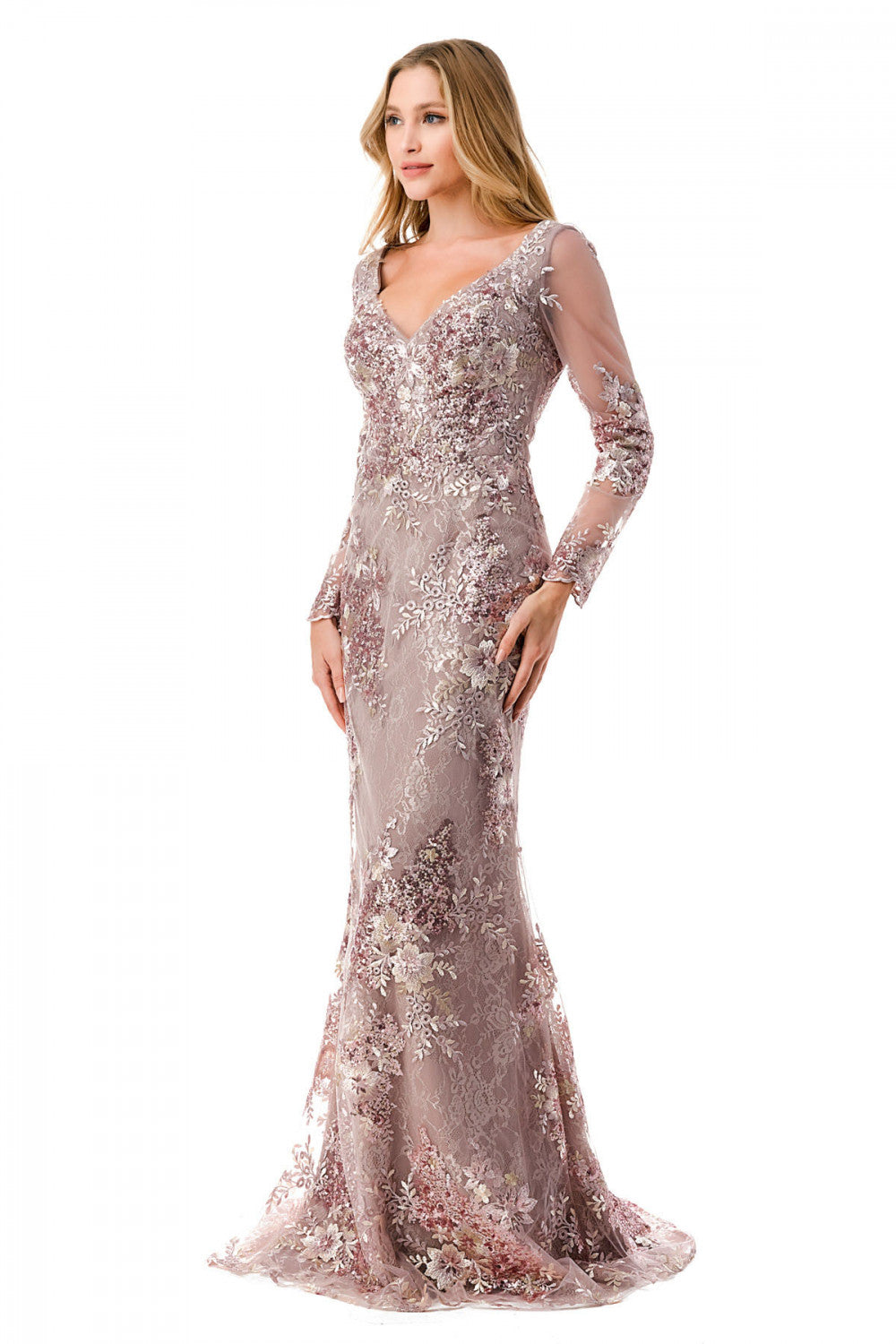Aspeed Design -M2768F V-Neck Floral Embellished Mermaid Dress
