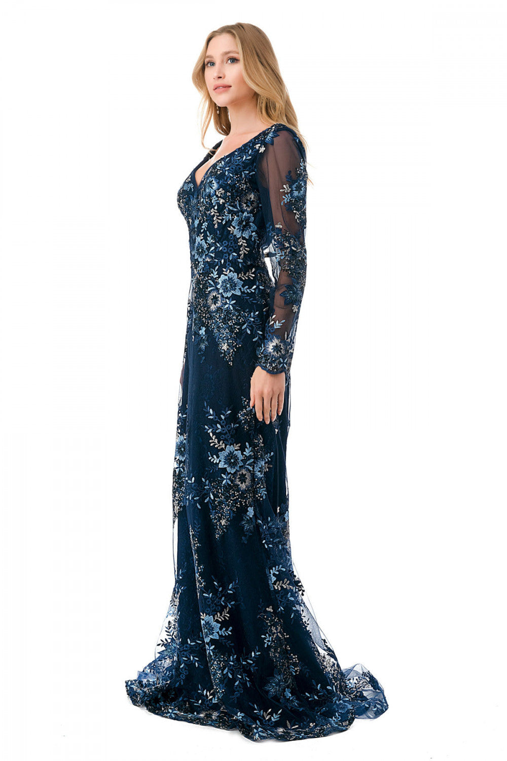Aspeed Design -M2768F V-Neck Floral Embellished Mermaid Dress