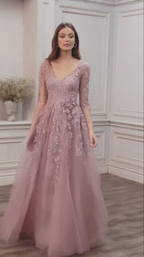 Long Sleeve Cherry Blossom Tulle A-Line Gown. Back Zipper Closure. by Andrea and Leo -A0988