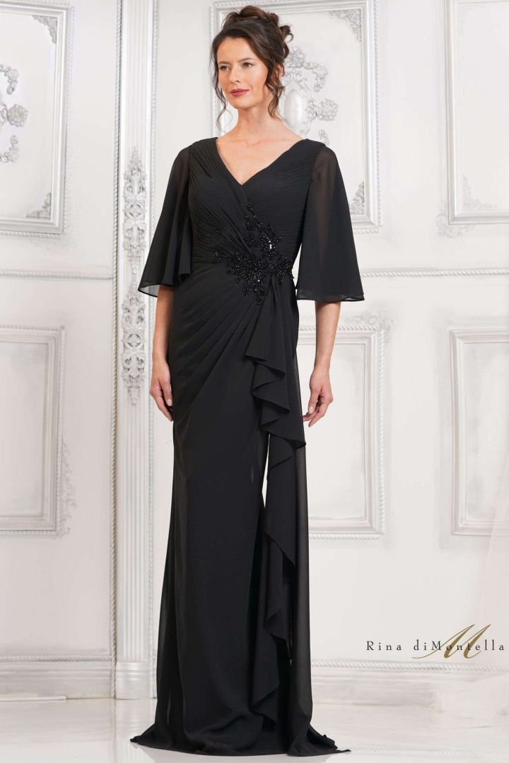 Rina Di Montella -RD2935-1 V-Neck Chiffon Ruched Evening Dress