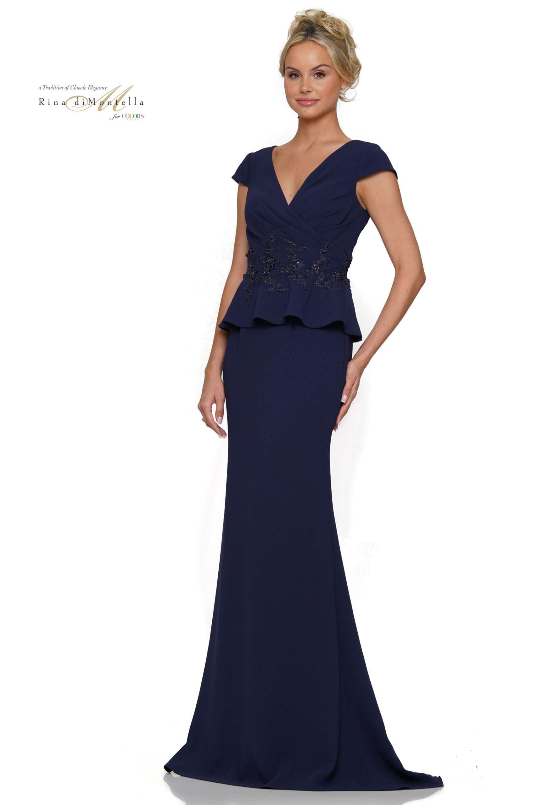 Rina Di Montella -RD2971 Wrapped Bodice Lace Applique Waist Flare Gown