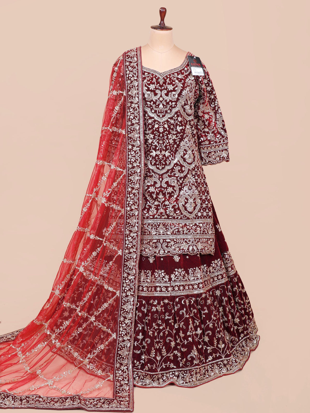 MyFashion KLS-2152 Maroon Majesty Peplum Velvet Lehenga with Jarkan Diamond