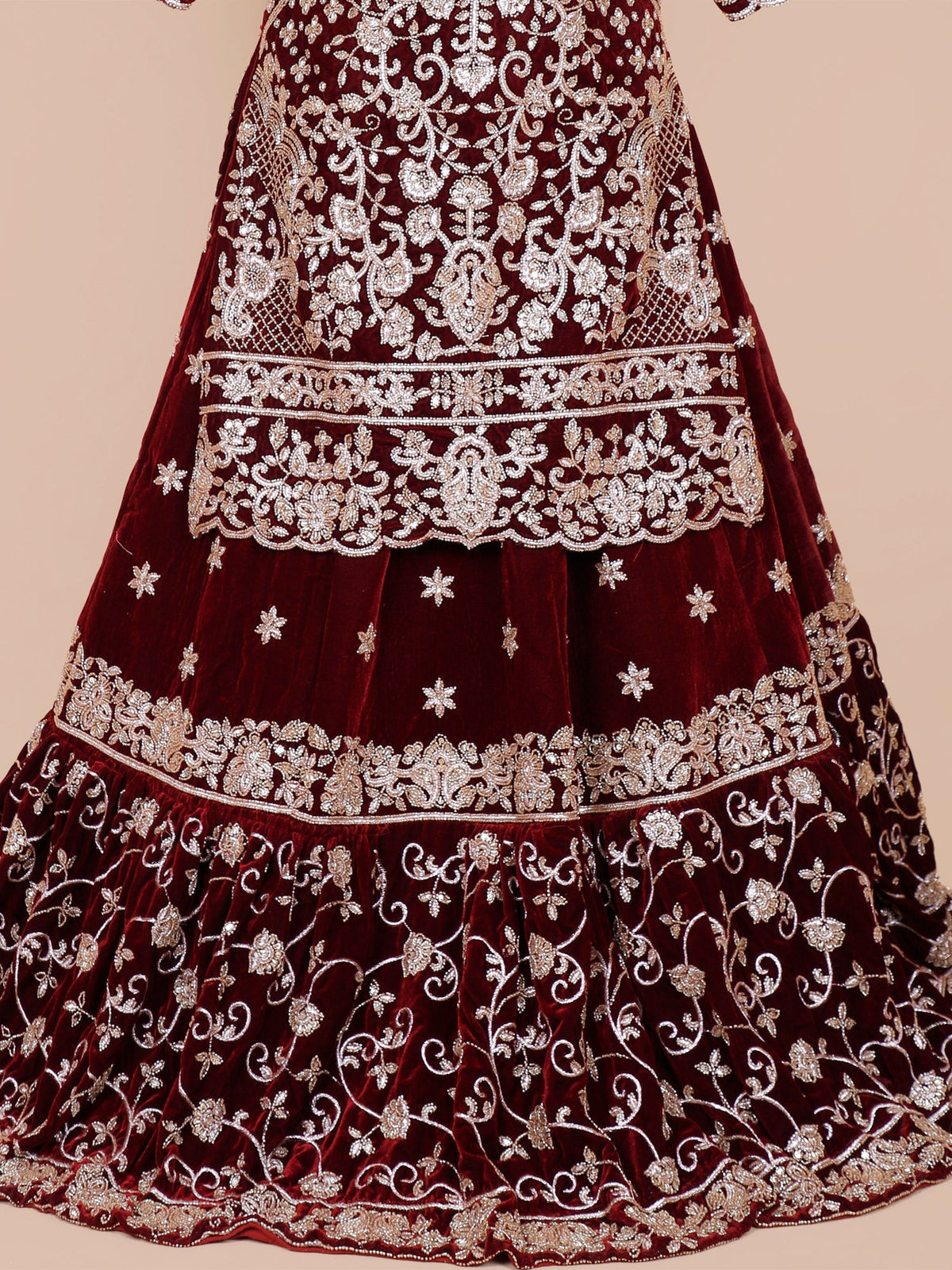 MyFashion KLS-2153 Velvet Maroon Eleganza Peplum Lehenga with Premium Diamond