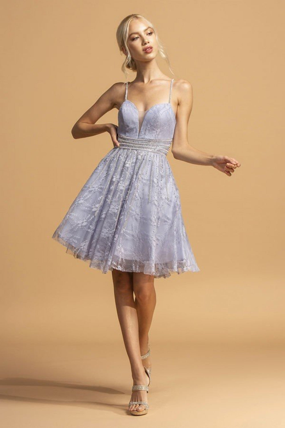 Aspeed Design -S2121 Embellished Beaded A-Line Short Dress