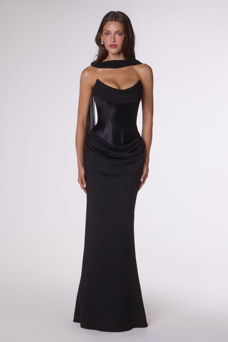 Amoris -T732 Crepe Fitted Strapless Scarf Gown