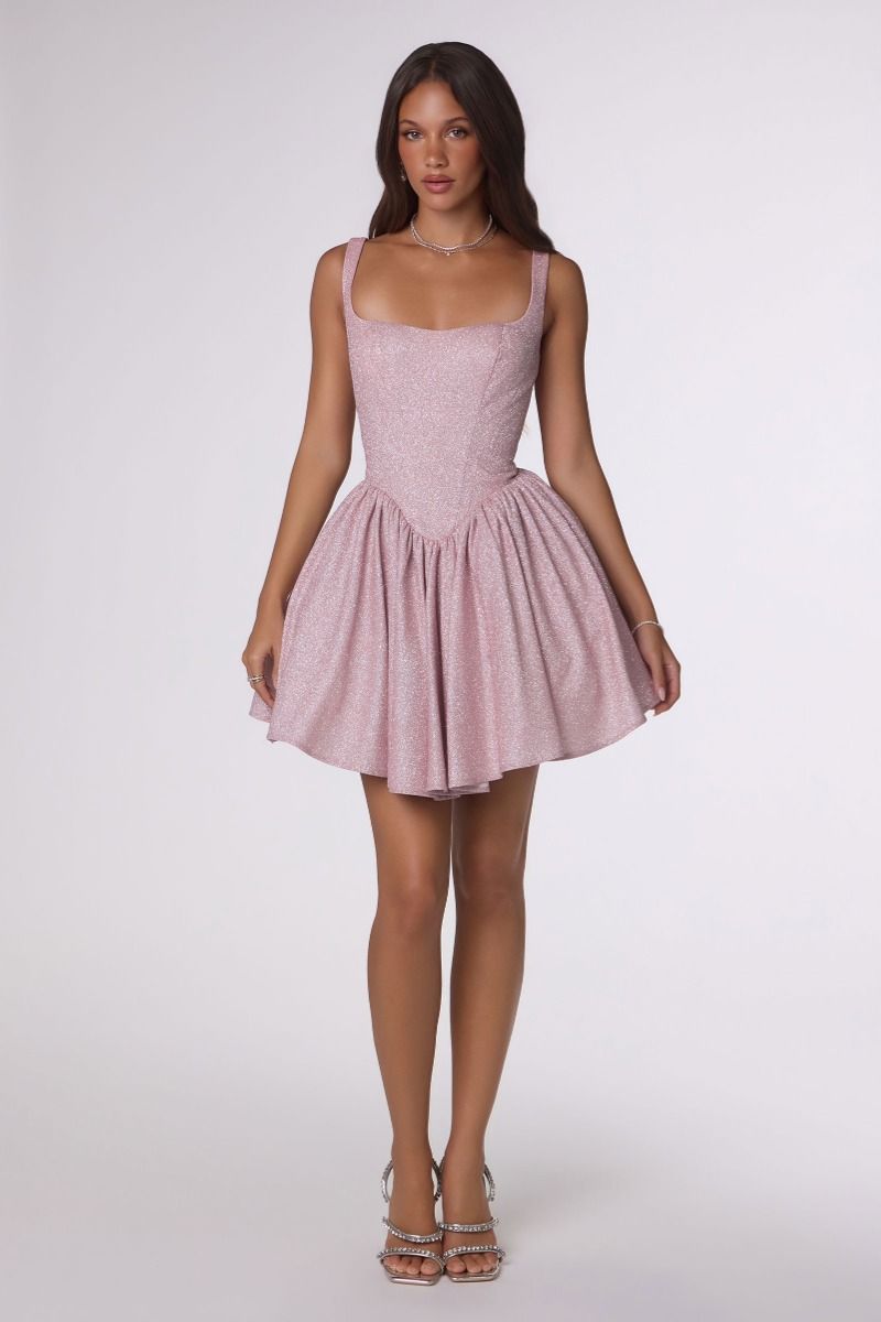 Amoris -T738 Glitter Square Short Sleeveless Dress