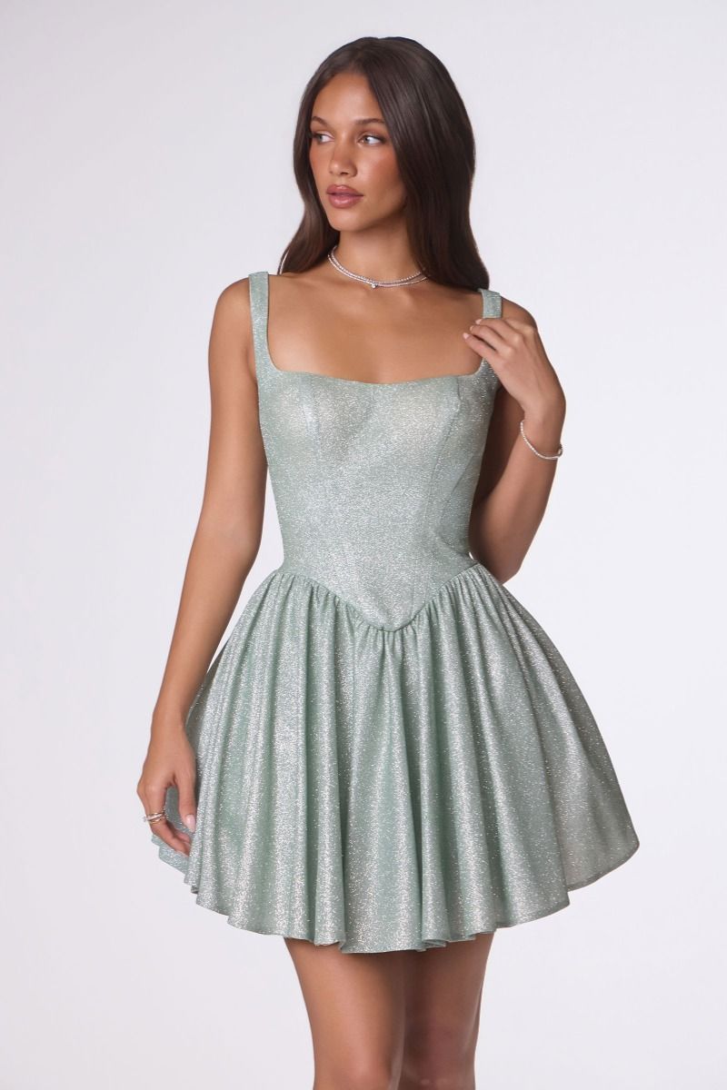 Amoris -T738 Glitter Square Short Sleeveless Dress