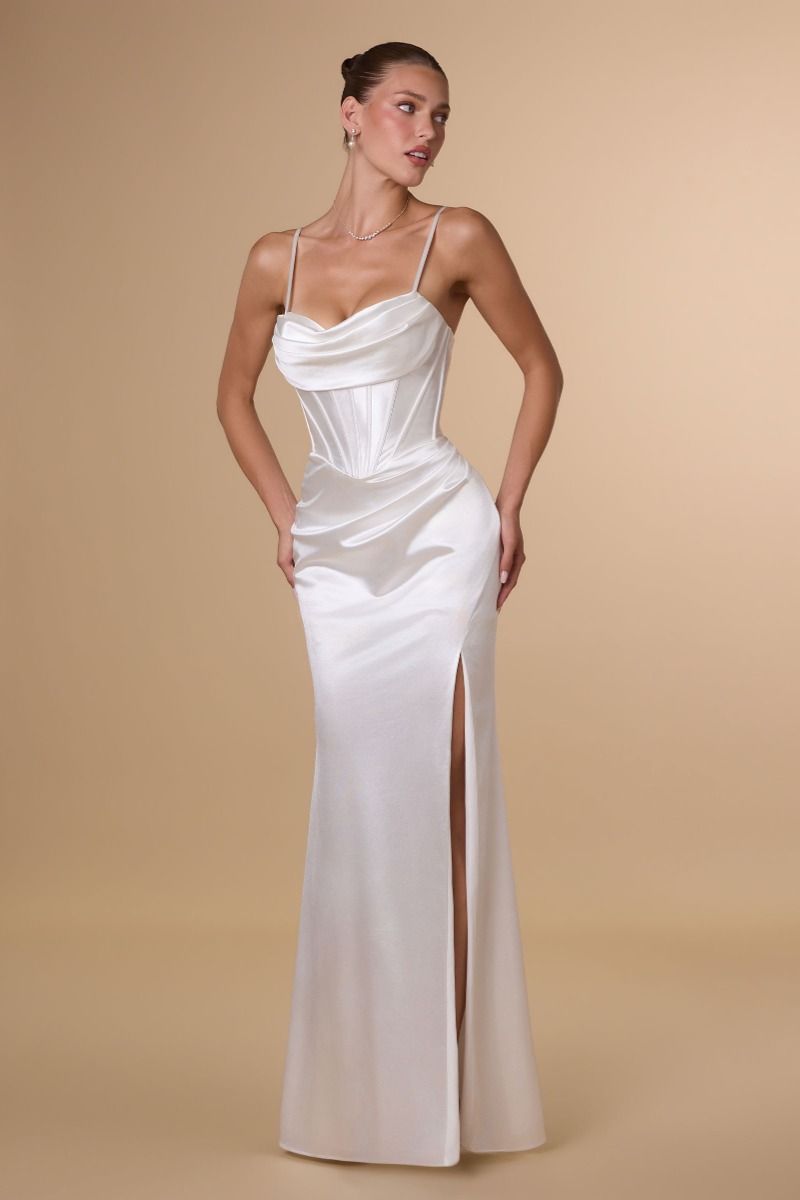 Amoris -T815W Sweetheart Satin Sleeveless Slit Gown