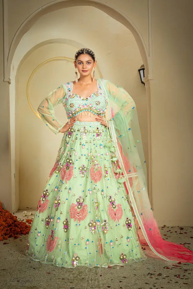 MyFashion -KLS-1149 Pista Net Lehenga With Artisan Handcrafted Designs