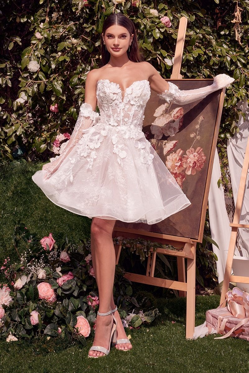 Andrea And Leo -WL020 Strapless Floral Applique Bridal A-Line Short Dress