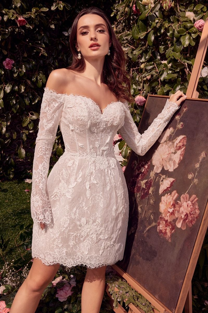 Andrea And Leo -WL021 Off Shoulder Laced Applique Short Bridal Dress