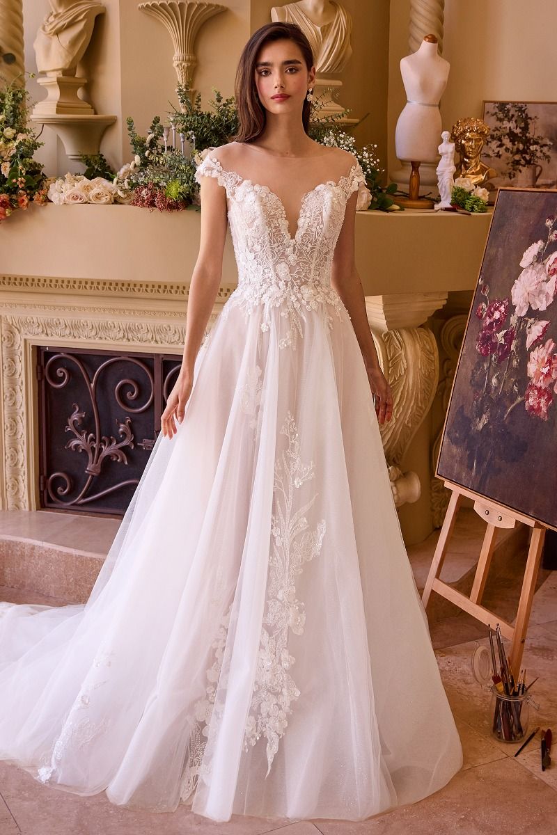 Andrea And Leo -WL038 Cap Sleeve Lace Applique Tulle Ball Gown