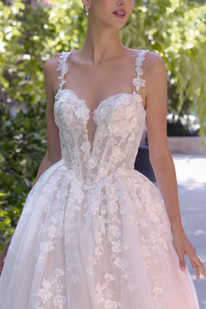 Andrea & Leo -WL058 Ball wedding gown with plunging neckline, floral lace straps & 3D lace bodice