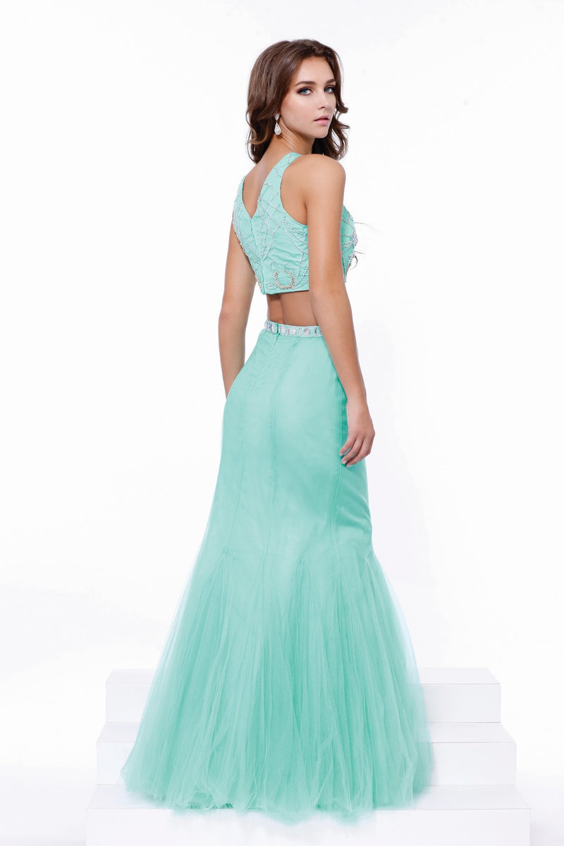 Long Beaded Sleeveless Crop Top Mermaid Dress By Nox Anabel -8156