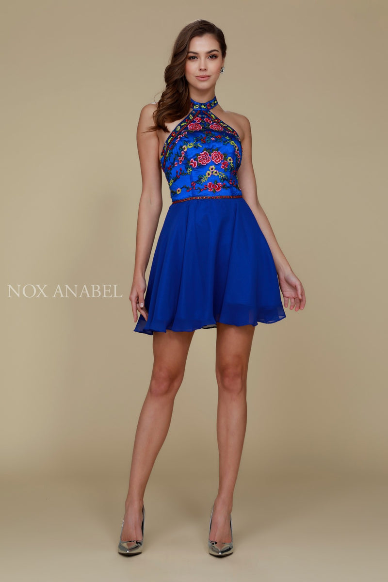 Floral Embroidered Short Halter Dress By Nox Anabel -6235
