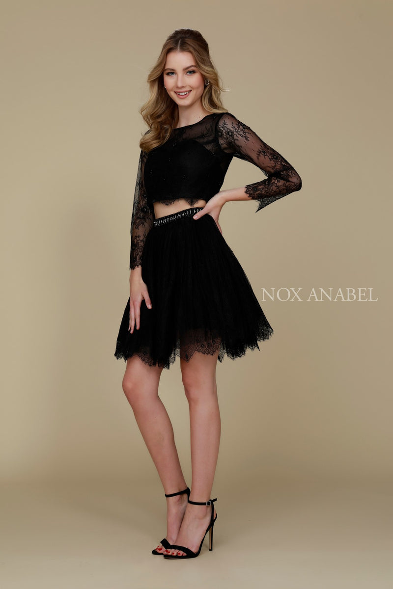 Short Two Piece Lace Dress With Long Sleeves By Nox Anabel -6268