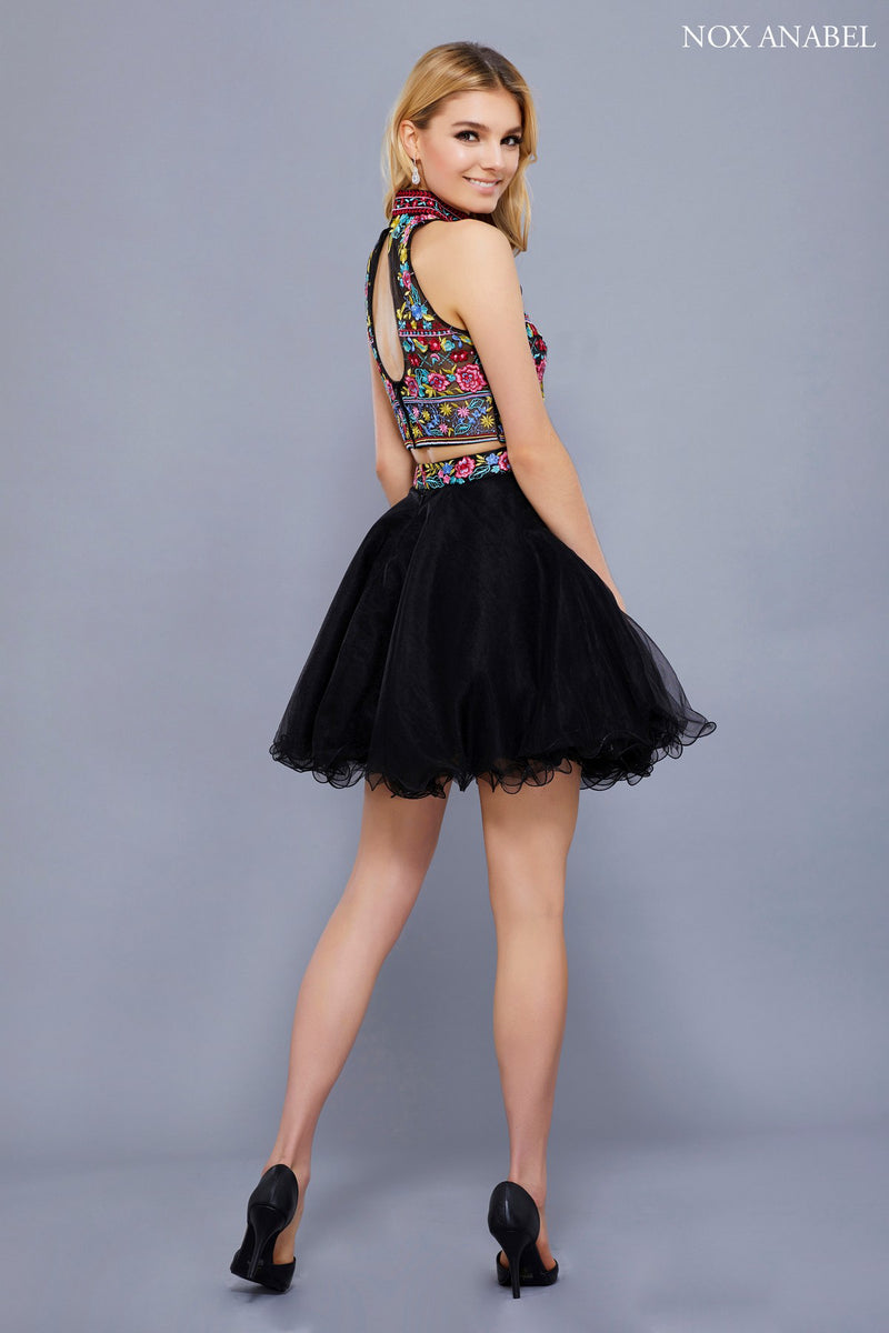 Short Two Piece Dress With Floral Embroidered Top By Nox Anabel -6272