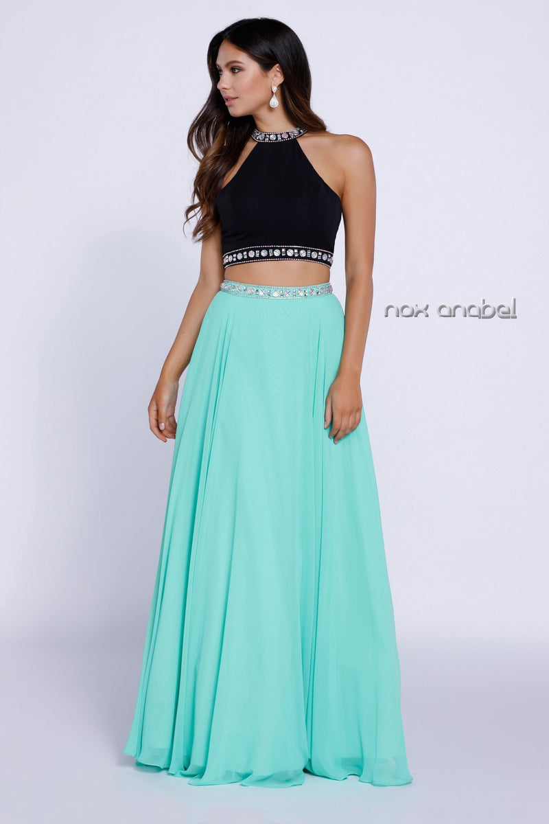 Long Two-Piece Beaded Halter Crop Top Dress By Nox Anabel -8214