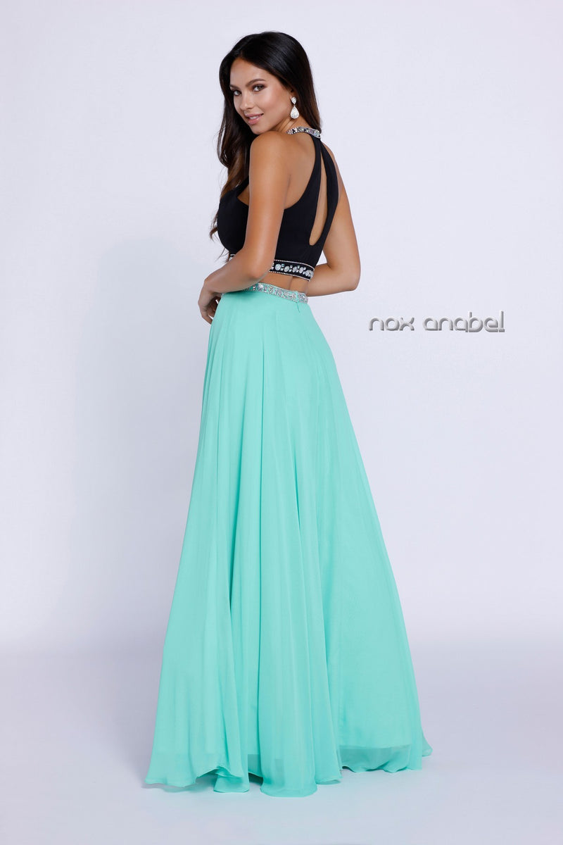 Long Two-Piece Beaded Halter Crop Top Dress By Nox Anabel -8214