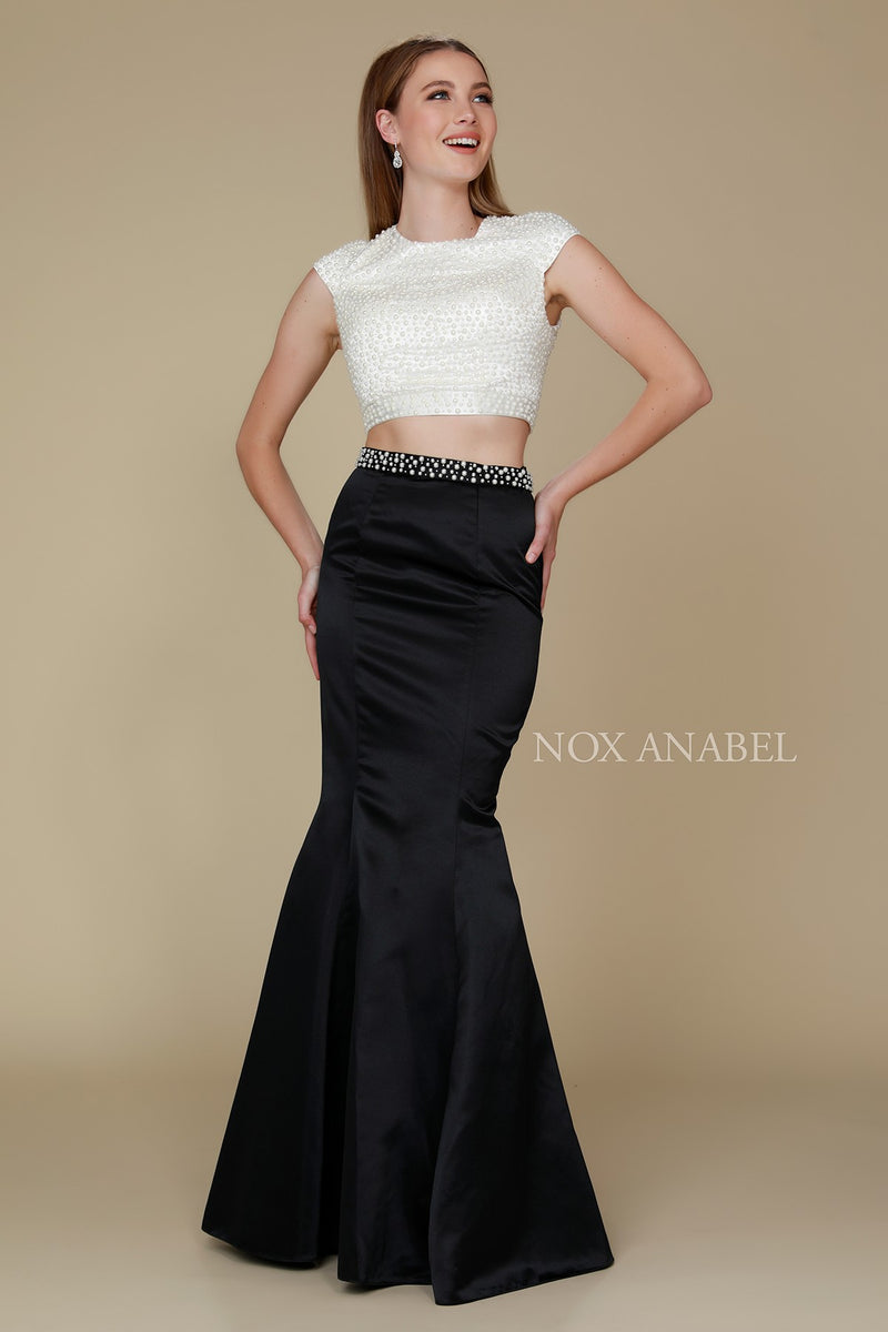 Beaded Cap Sleeve Crop Top Mermaid Dress By Nox Anabel -8227