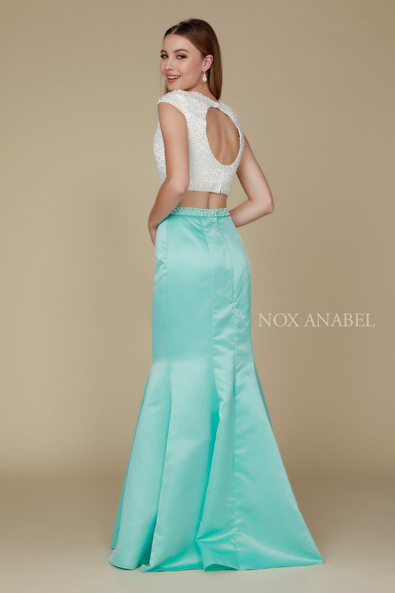 Beaded Cap Sleeve Crop Top Mermaid Dress By Nox Anabel -8227