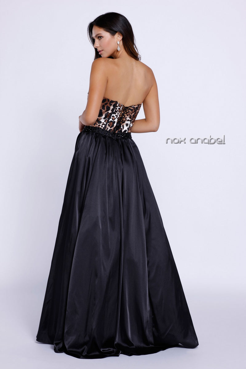 Long Black Strapless Dress With Leopard Print Top By Nox Anabel -8230