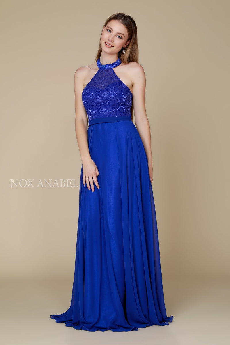 Long Halter Chiffon Dress With Lace Bodice By Nox Anabel -8233