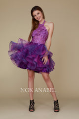 Embroidered Short Halter Dress With Tiered Skirt By Nox Anabel -A610