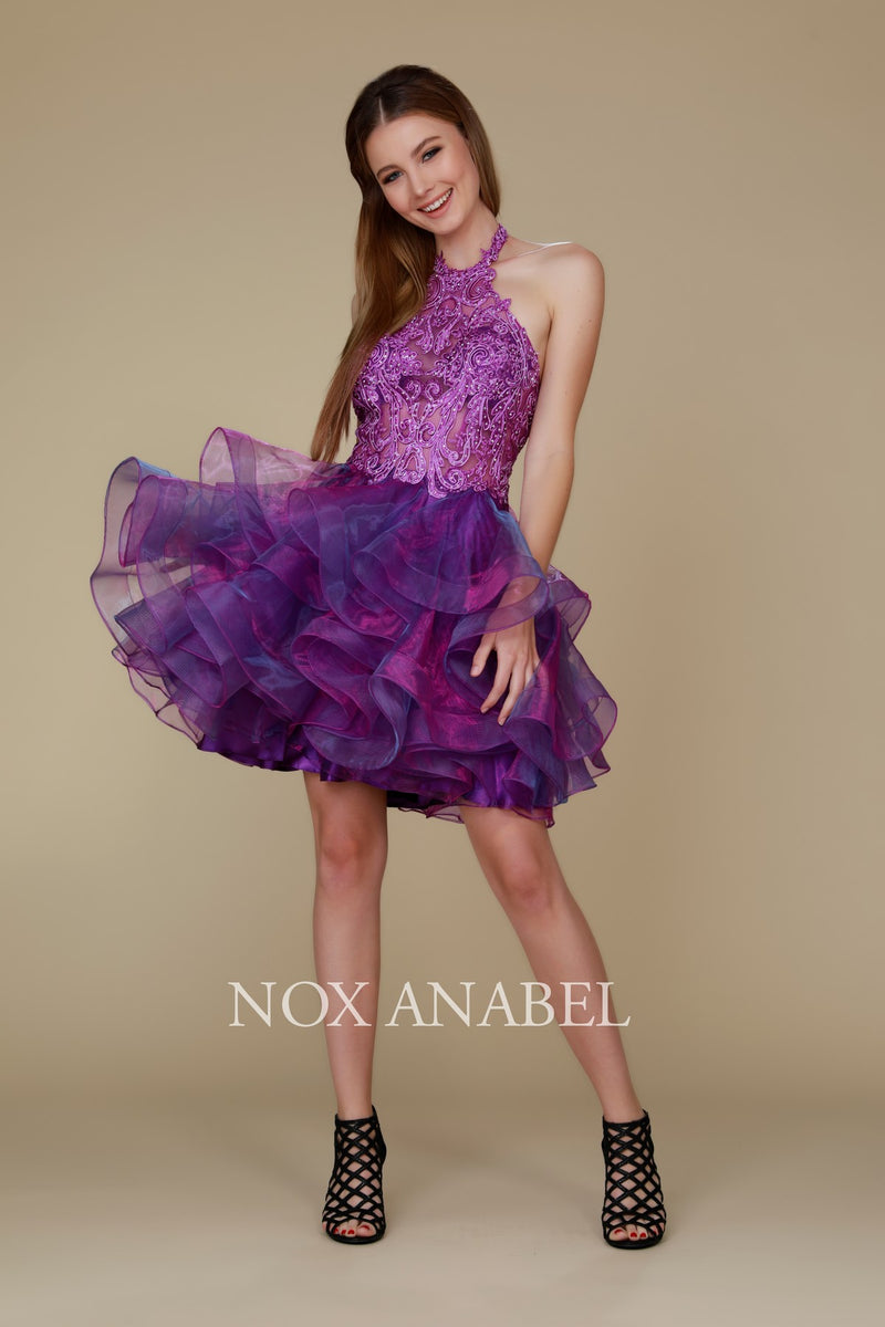 Embroidered Short Halter Dress With Tiered Skirt By Nox Anabel -A610
