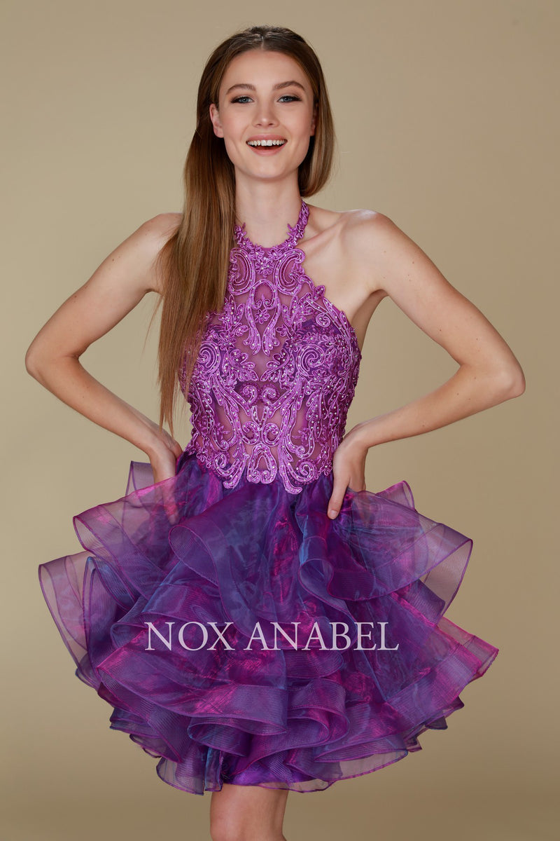 Embroidered Short Halter Dress With Tiered Skirt By Nox Anabel -A610