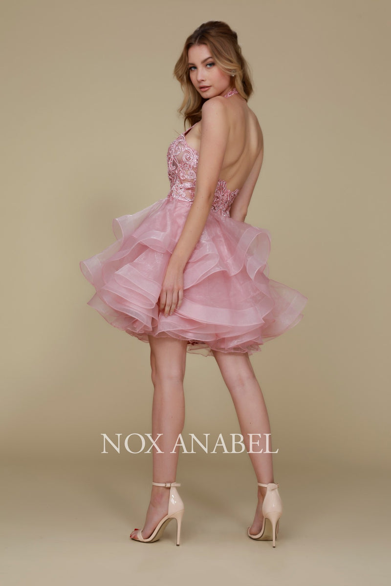 Embroidered Short Halter Dress With Tiered Skirt By Nox Anabel -A610