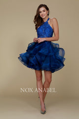 Embroidered Short Halter Dress With Tiered Skirt By Nox Anabel -A610