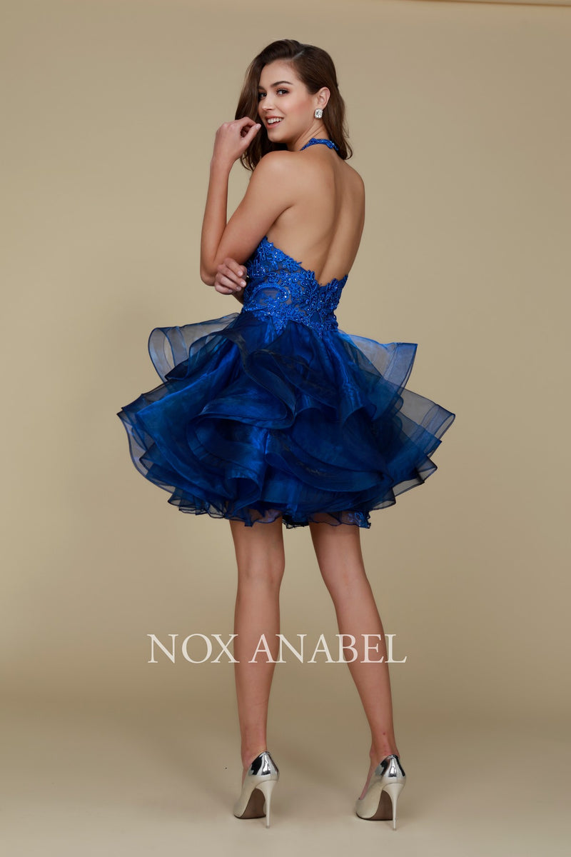 Embroidered Short Halter Dress With Tiered Skirt By Nox Anabel -A610