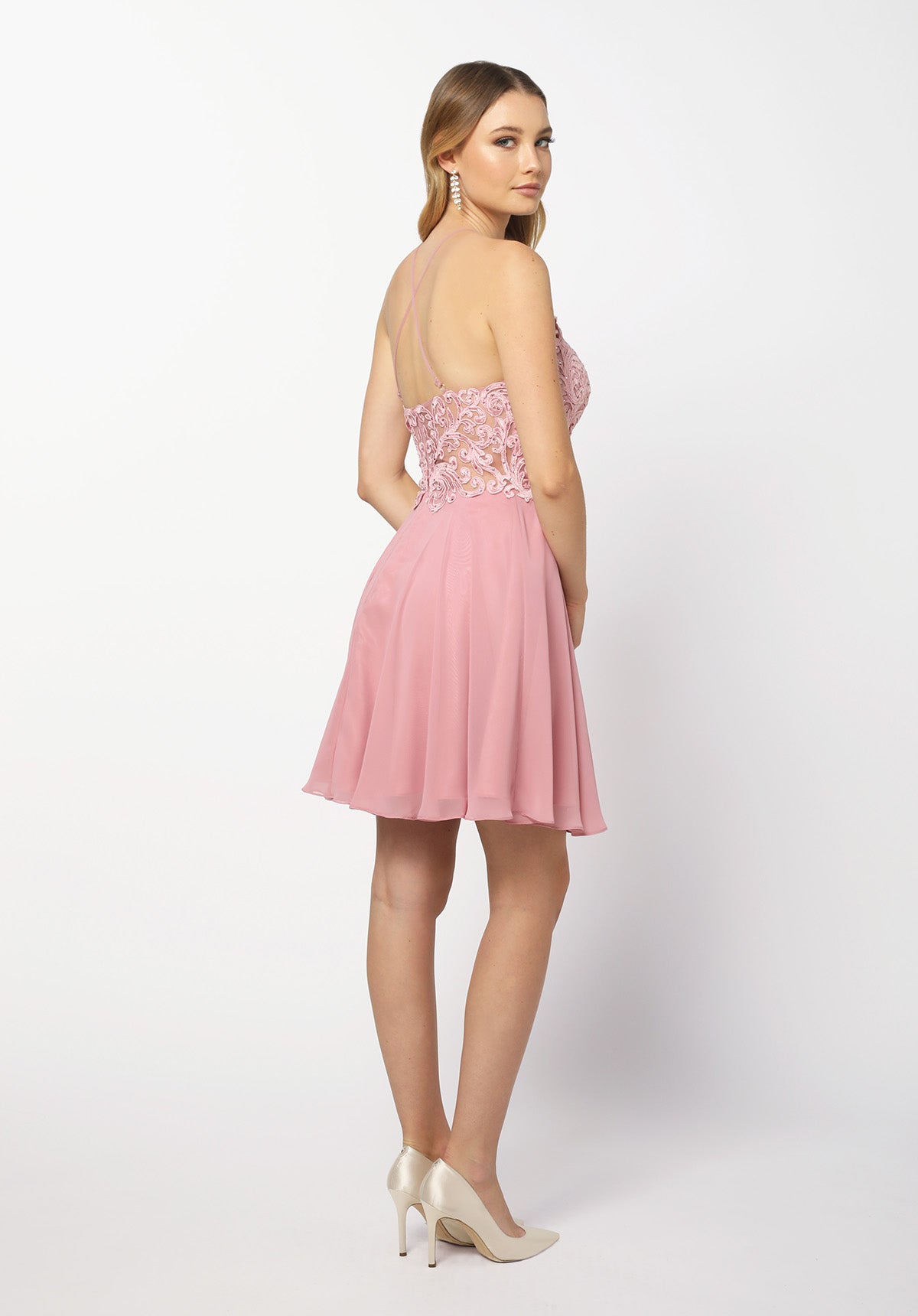 Short Chiffon Dress With Applique Bodice By Nox Anabel -A615