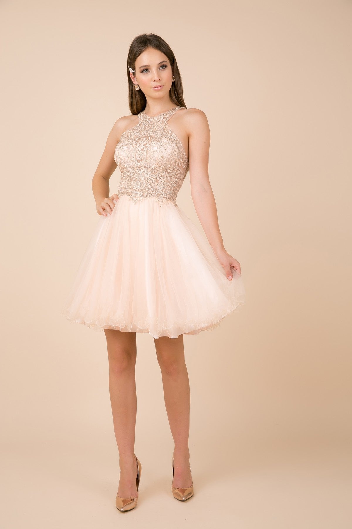 Short Tulle Dress With Halter Lace Bodice By Nox Anabel -E696