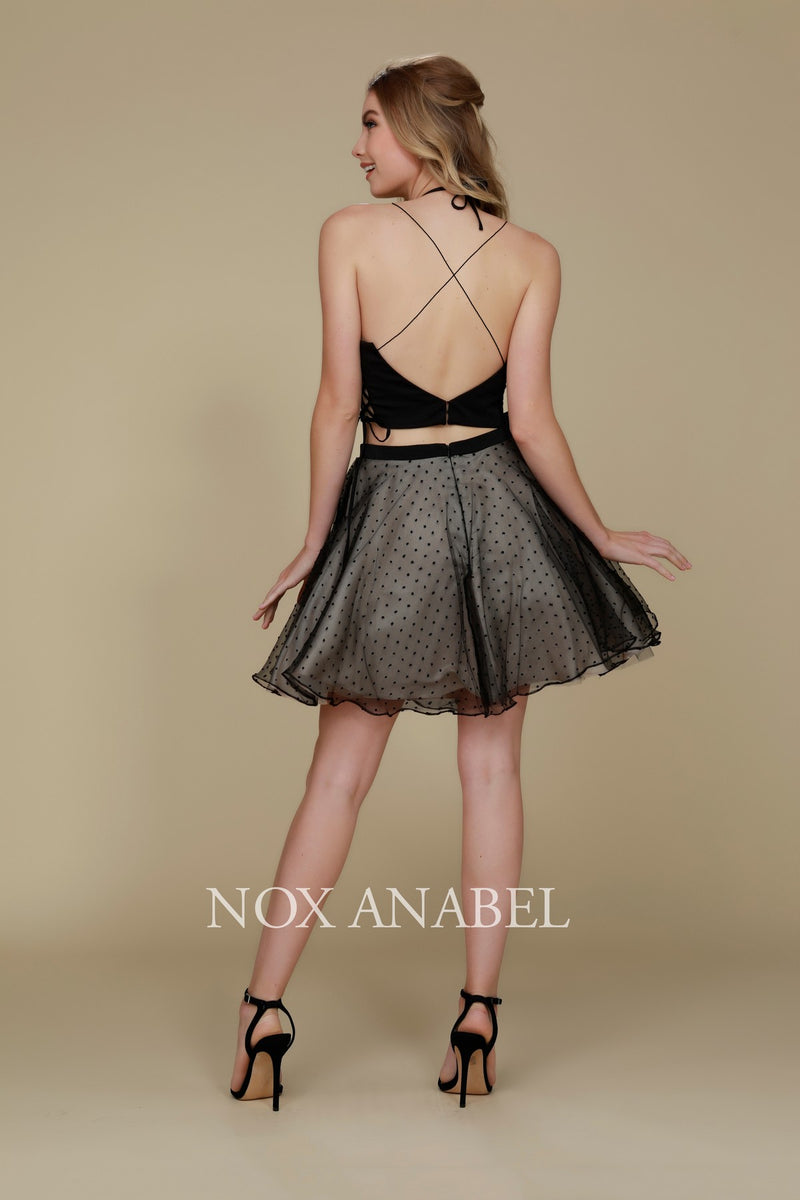 Short Black Two-Piece Dress With Polka Dot Skirt By Nox Anabel -M659