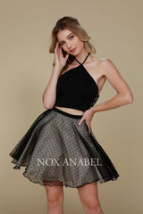 Short Black Two-Piece Dress With Polka Dot Skirt By Nox Anabel -M659