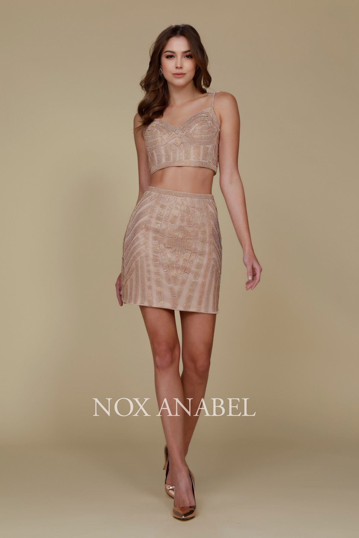Beaded Short Two-Piece Dress With Pencil Skirt By Nox Anabel -R650