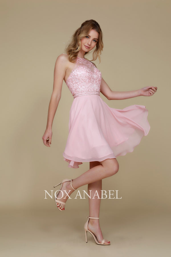 Embellished Illusion Halter Chiffon A-Line Home Coming Dress by Nox Anabel -Y629