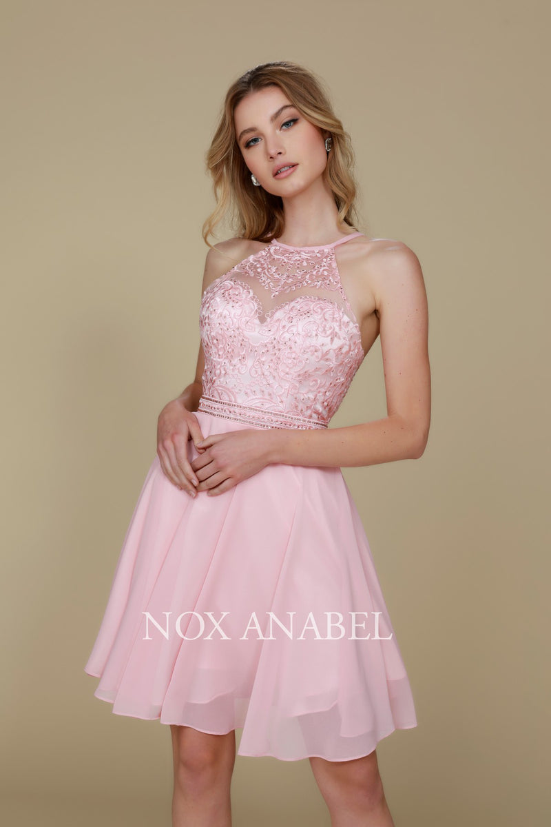 Embellished Illusion Halter Chiffon A-Line Home Coming Dress by Nox Anabel -Y629