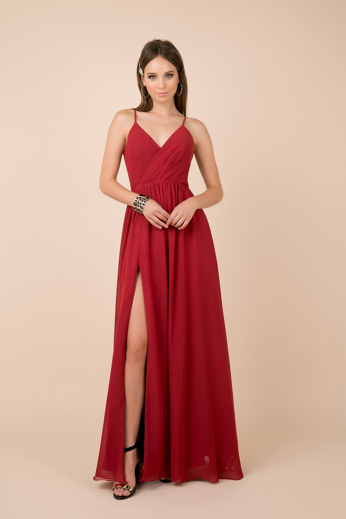 Long Sleeveless V-Neck Dress With Slit By Nox Anabel -R275