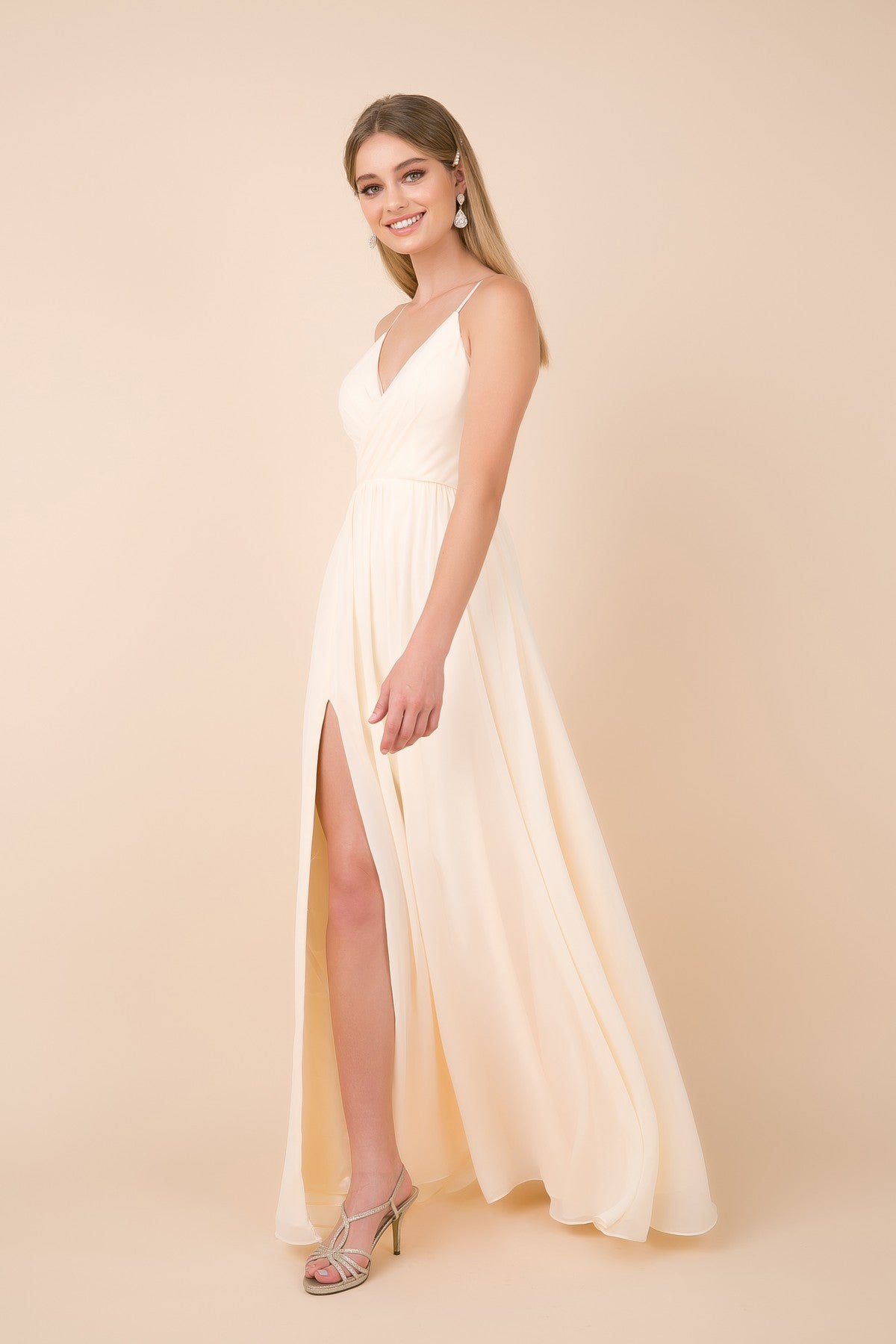 Long Sleeveless V-Neck Dress With Slit By Nox Anabel -R275