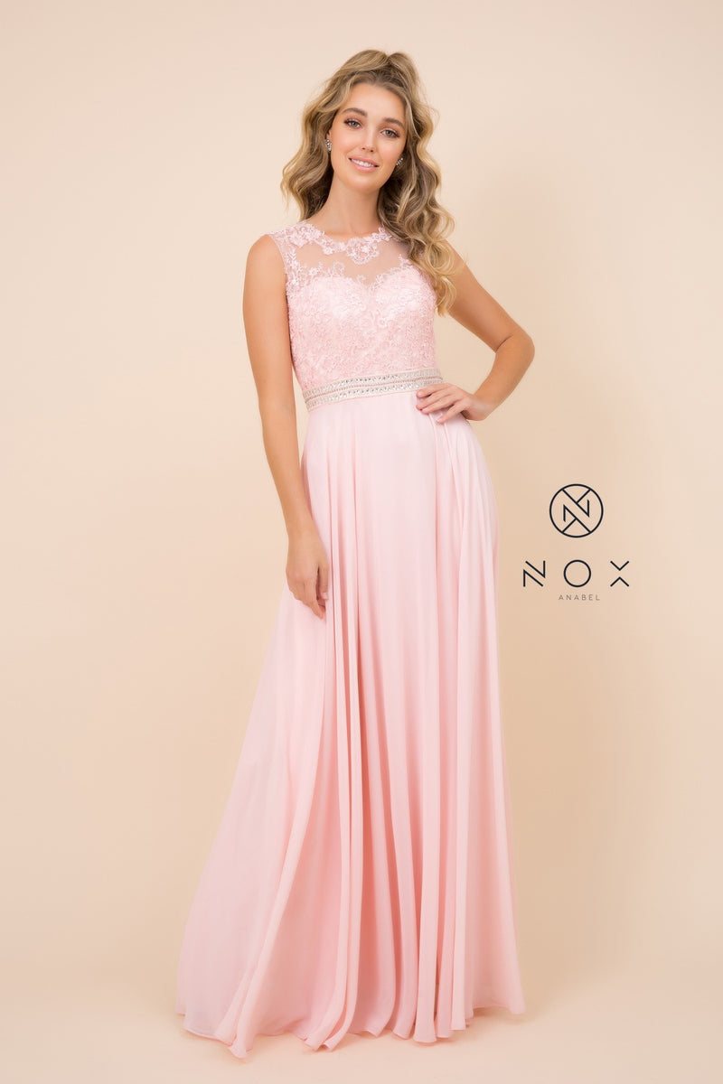 Long Sleeveless Dress With Lace Bodice By Nox Anabel -Y101