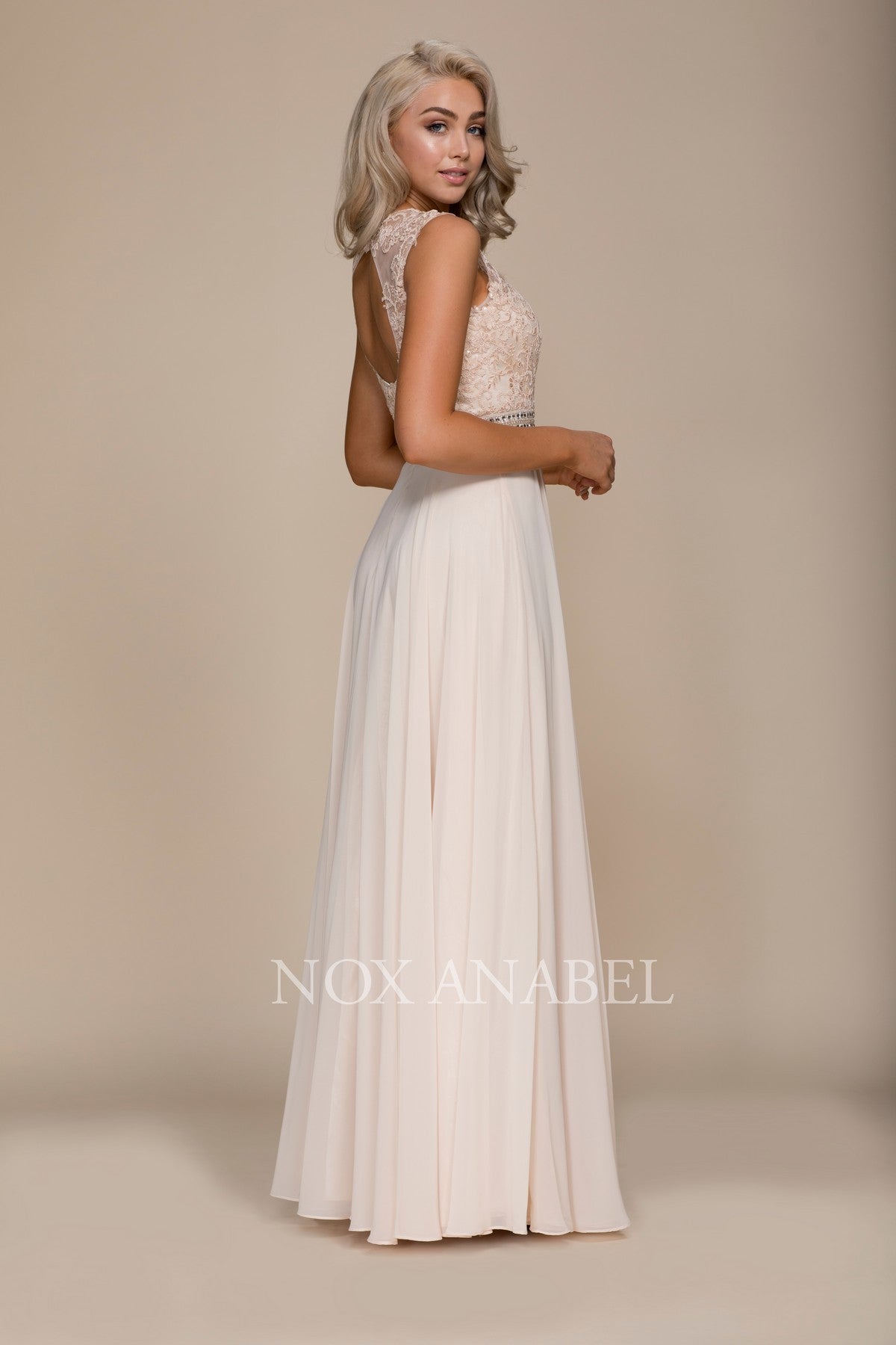 Long Sleeveless Dress With Lace Bodice By Nox Anabel -Y101