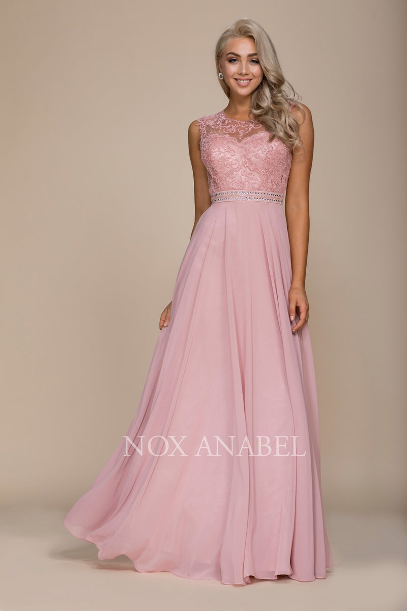 Long Sleeveless Dress With Lace Bodice By Nox Anabel -Y101