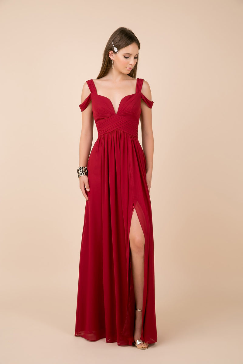 Long A-Line Cold Shoulder Dress With Slit By Nox Anabel -Y277